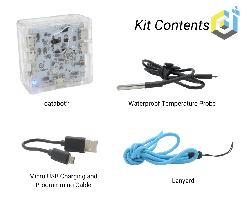 databot kit contents displaying databot, temperature probe, power cord and lanyard