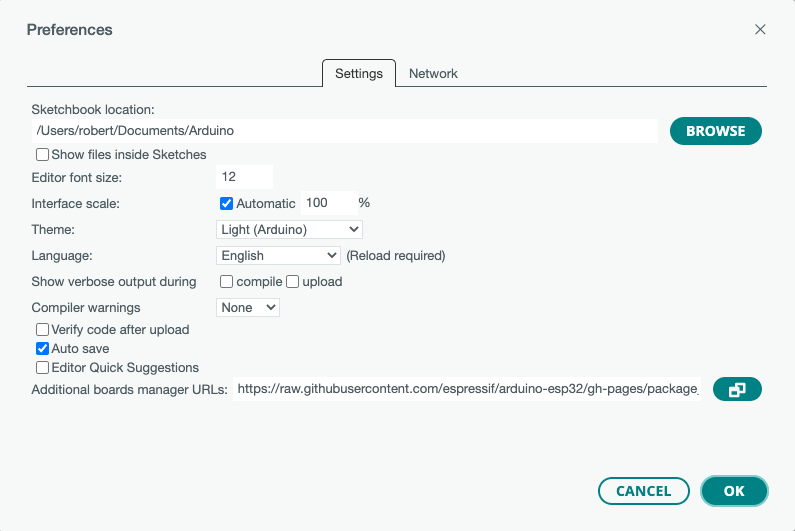 Arduino IDE ESP32 Preferences Setting