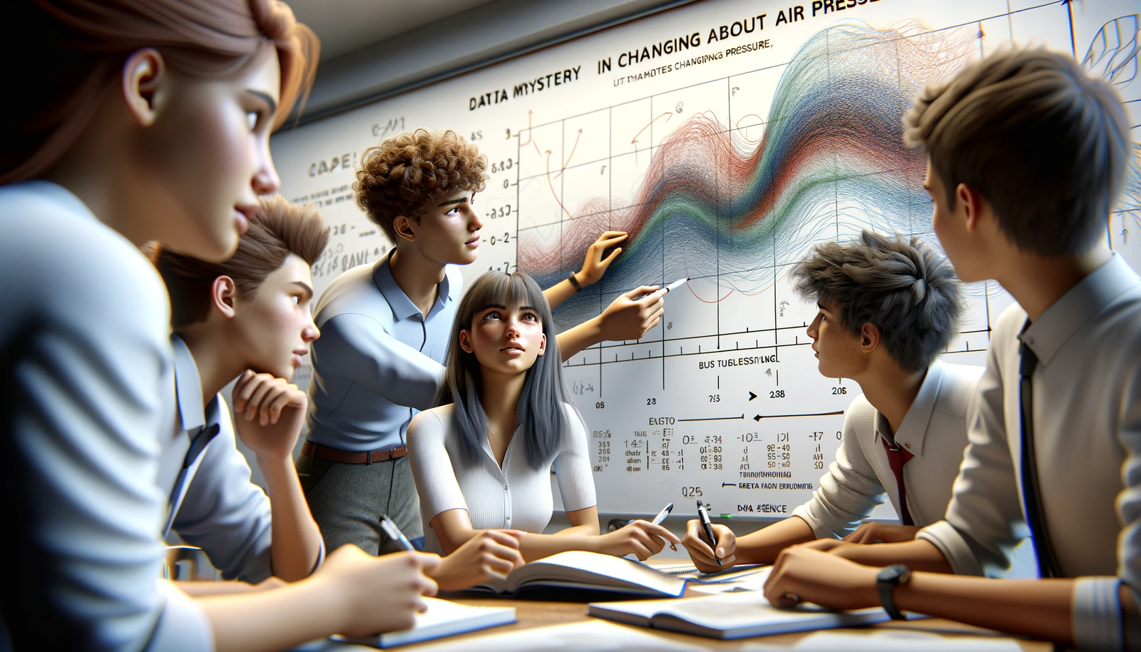Students in a classroom studying an image of data on a white board that poses a data mystery. They are thinking hard and trying to solve the mystery.