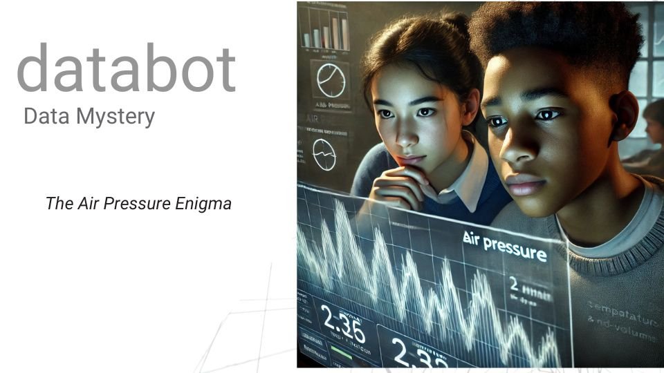 AI generated air pressure mystery cover slide with two students intently studying a data set.
