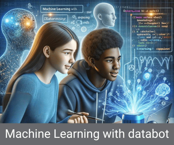 Two high school CS students excitedly exploring machine learning concepts with databot and coding in python.