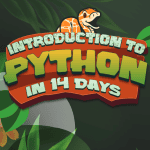 Cover image for Python in 14 Days with a cartoon python in a jungle displayed!