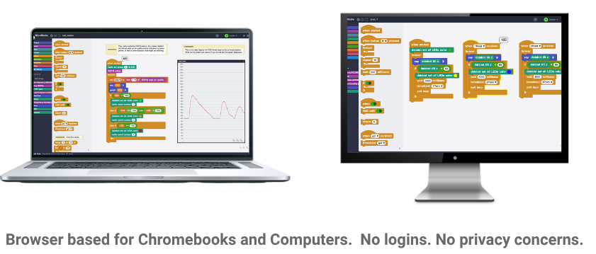 Image of the MicroBlocks UI on a Chromebook and computer.