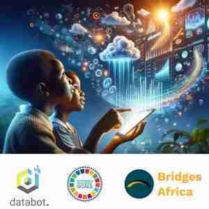 Bridges Africa branded image with students visualizing beautiful data in the sky