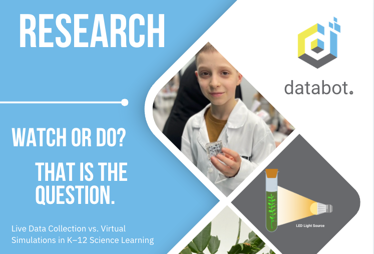 Boy in white lab coat next to the title Research