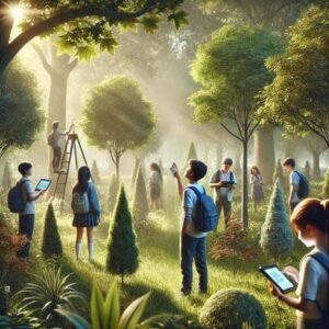 AI image of students in a lush forest taking data readings and measurements.