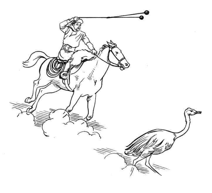 Illustrated image of a man on horseback throwing a bola at a large bird (prey).