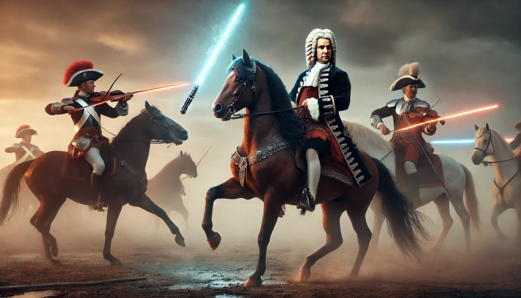 Image of Bach on horseback with a light saber