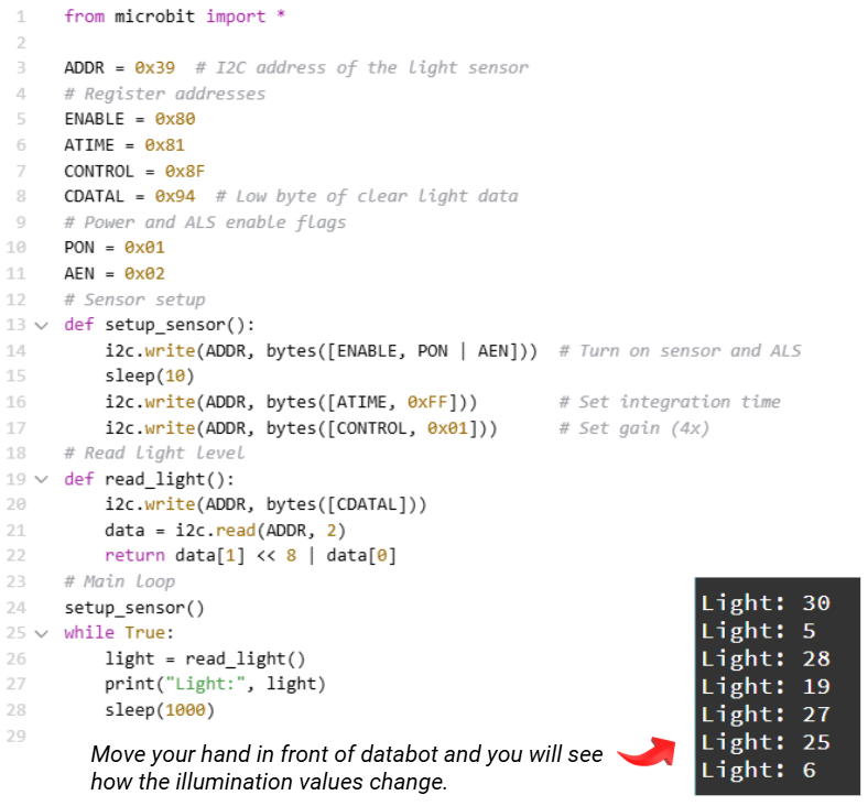 Code for micro:bit to read the sensor's data