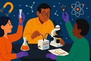 A teacher working with students - test tubes and flasks and a stylized databot are with him.