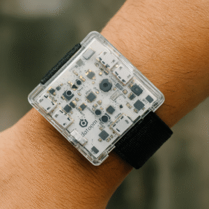 Close up view of Databot on a wrist measuring environmental data
