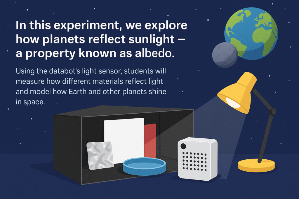 Databot measuring reflected light inside a cardboard experiment box modeling planetary albedo