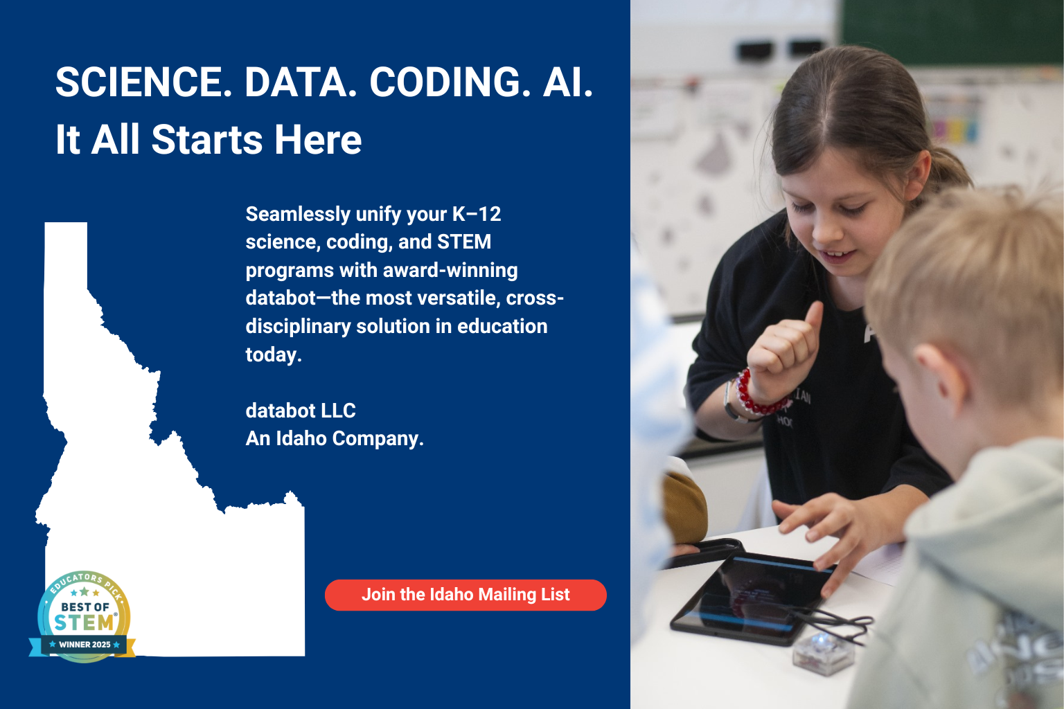 hero banner featuring the State of Idaho image and students working with databot.