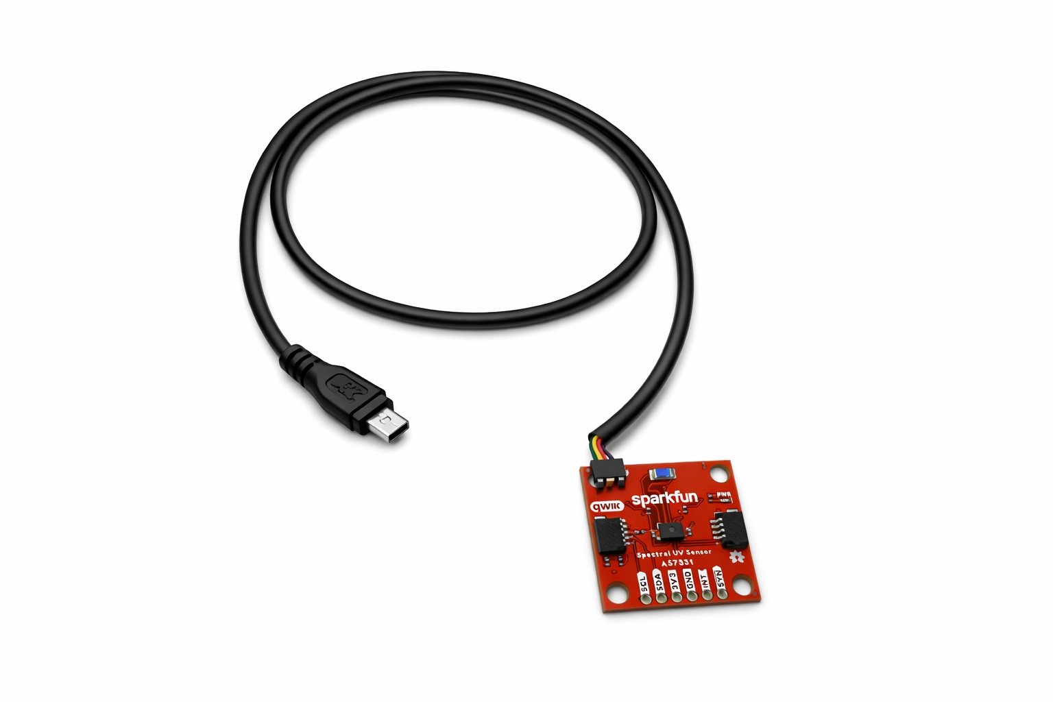 Adapter cable for databot MicroUSB to QWIIC - shown attached to an AS7331 UV sensor