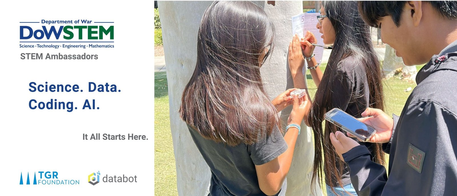 Hero image for DoW STEM Ambassadors featuring a picture of students gathering data outdoors.