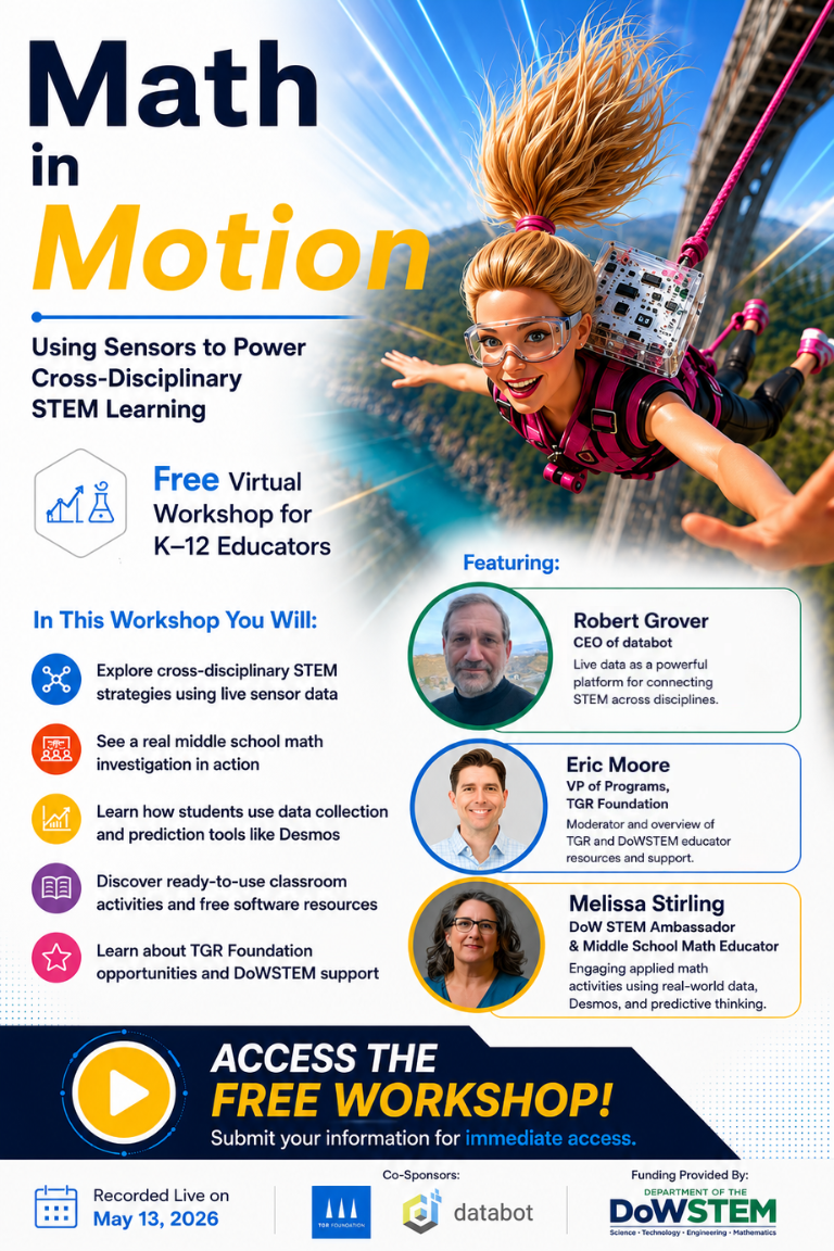 Math in Motion workshop promotional image outlining topics and people involved.