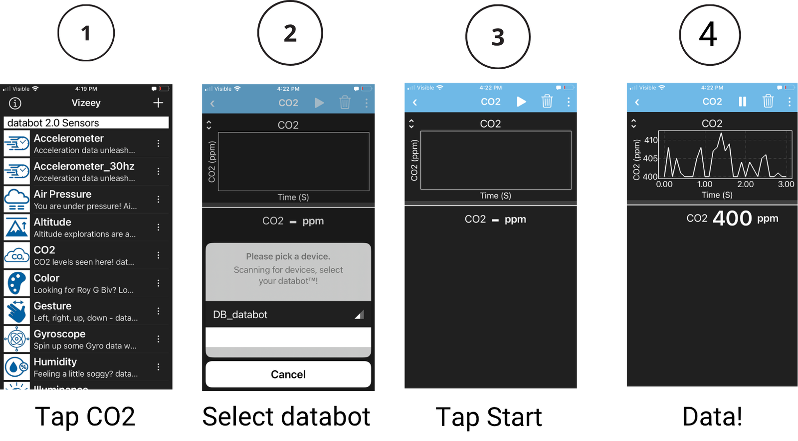 Basic steps for connecting to databot and reading CO2 data.