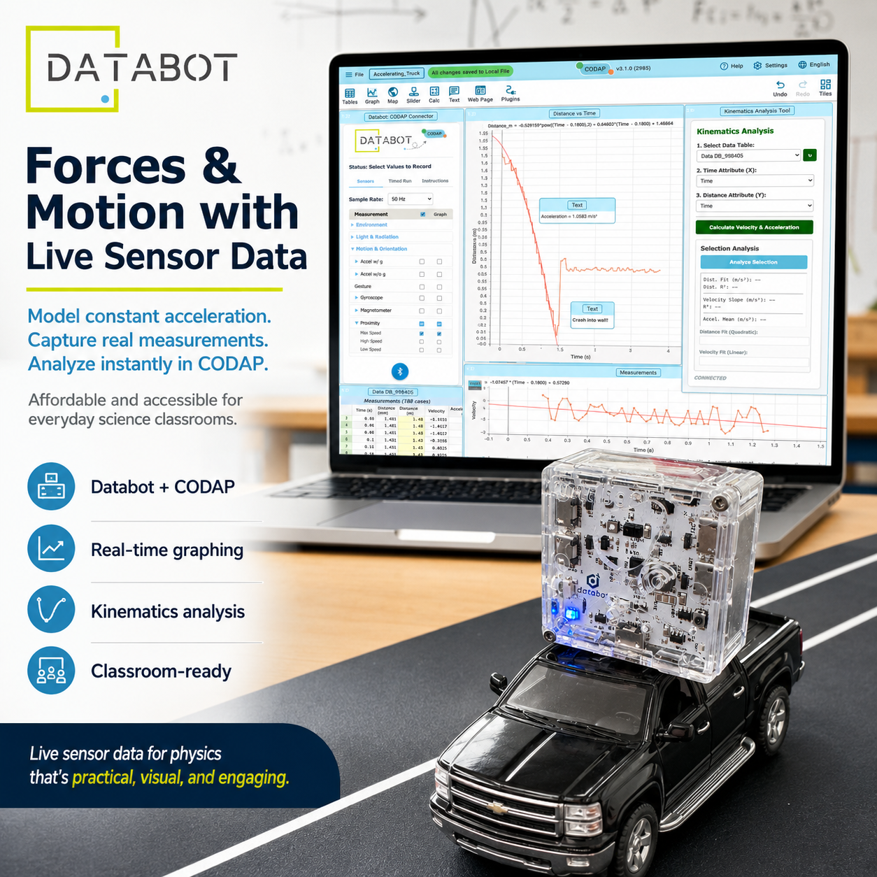 Social post showing Databot on a controlled acceleration car with data being captured in CODAP in real time.